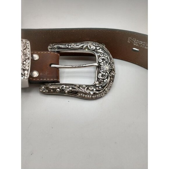 Nocona Western Embroidered Brown Leather Belt With Ornate Silver Buckle & Rhines - Picture 9 of 10